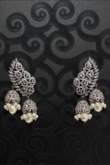 Zircon Leafwork Jhumka Earrings with Pearl Drops