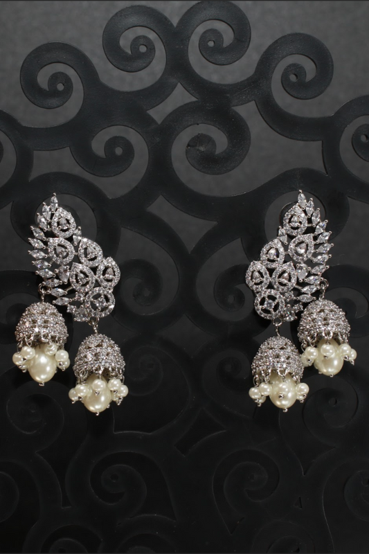 Zircon Leafwork Jhumka Earrings with Pearl Drops