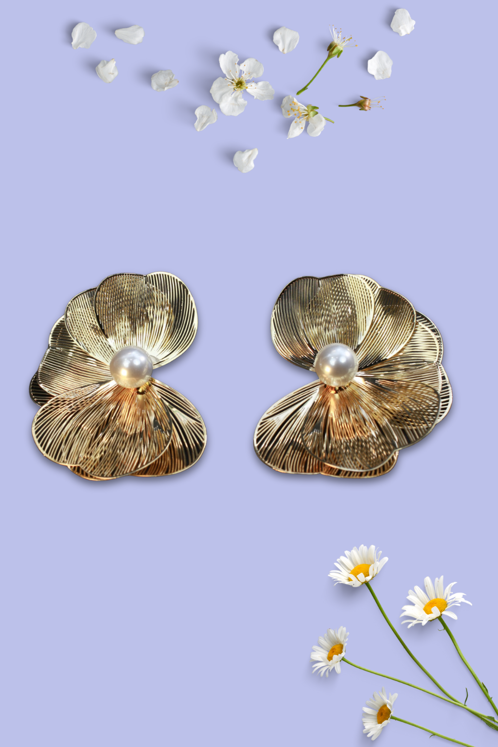 Elegant Wire Petal Pearl Stud Earrings