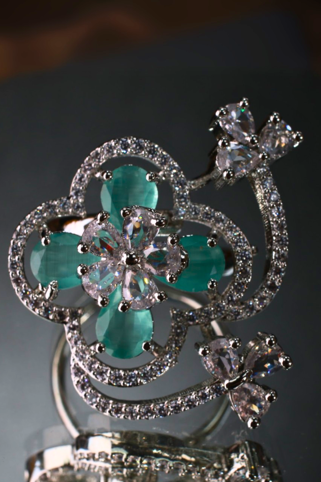 Green Floral Butterfly Adjustable Ring