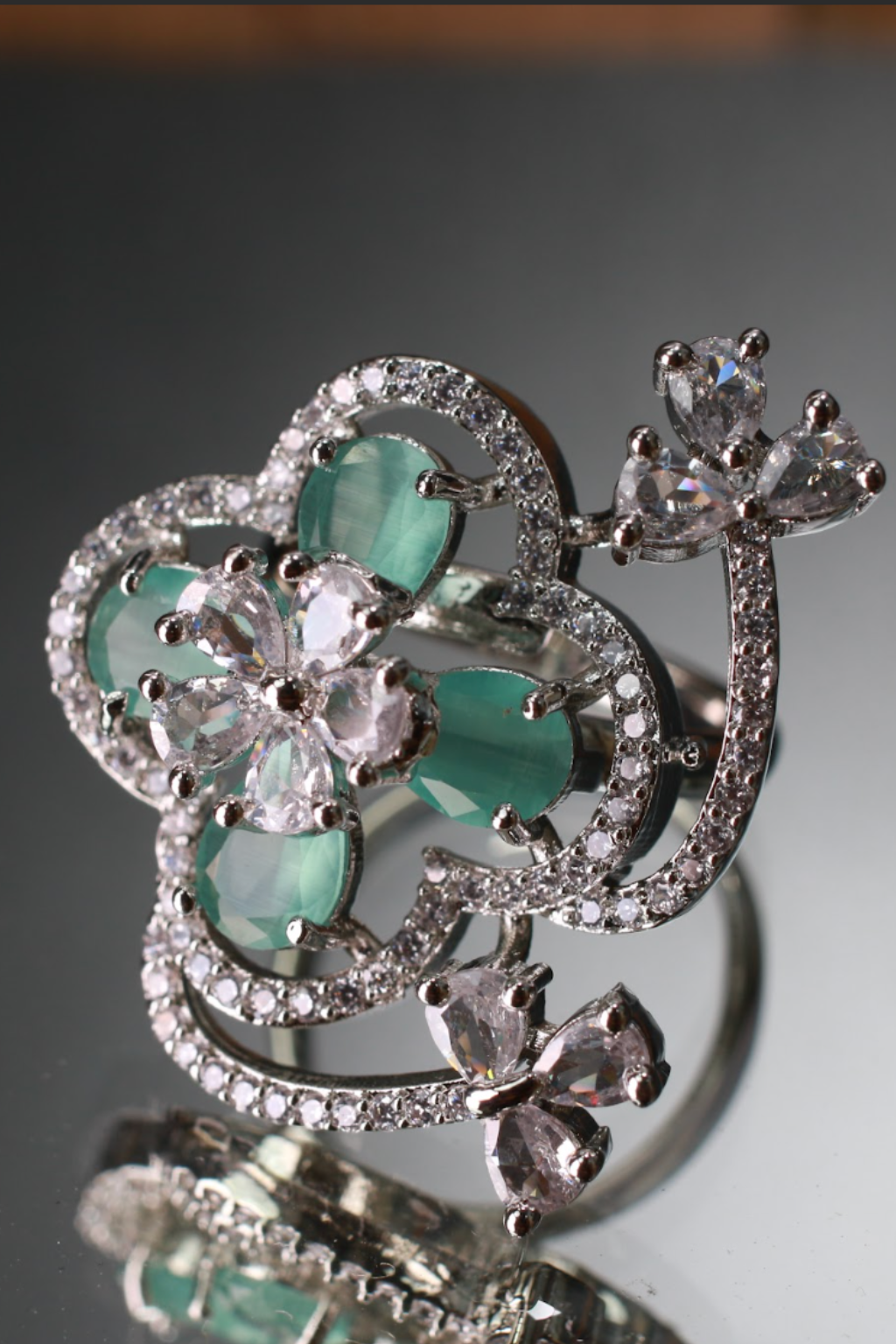 Green Floral Butterfly Adjustable Ring