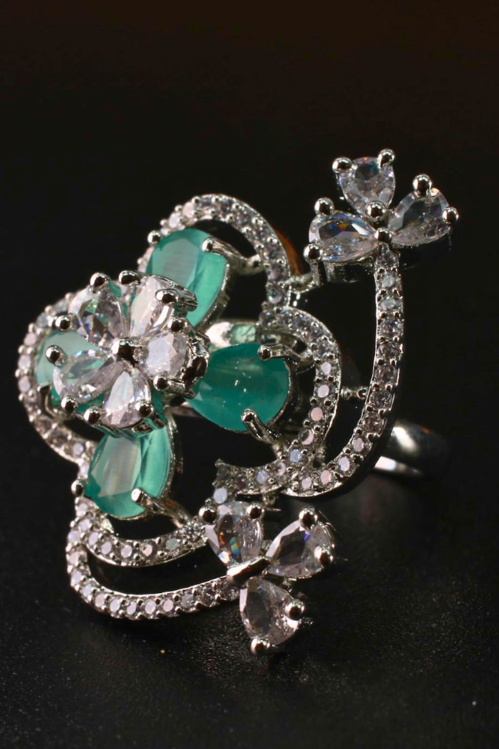 Green Floral Butterfly Adjustable Ring