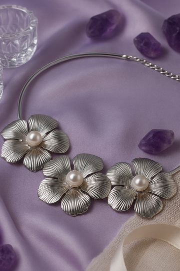 Silver Floral Pearl Statement Necklace for Women