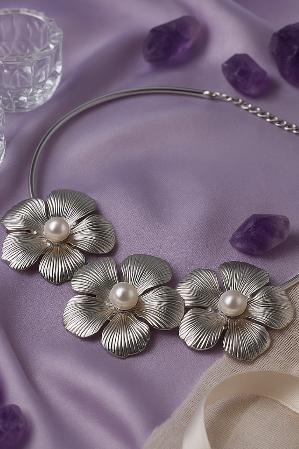 Silver Floral Pearl Statement Necklace for Women