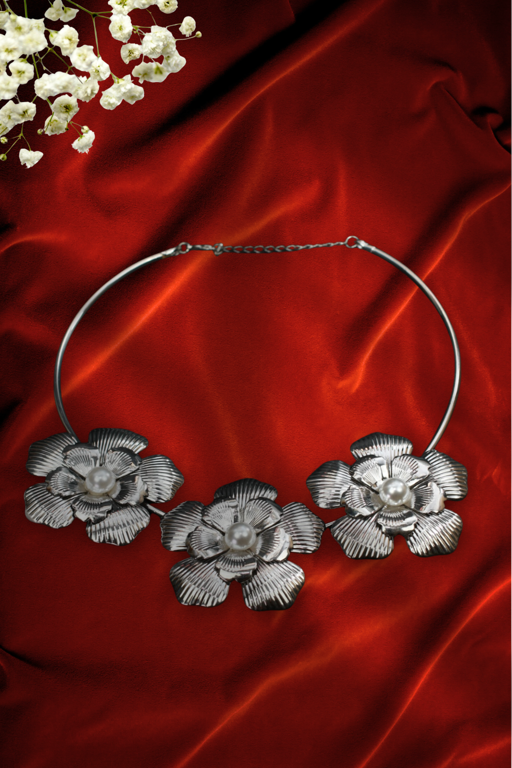 Silver Floral Pearl Statement Necklace for Women