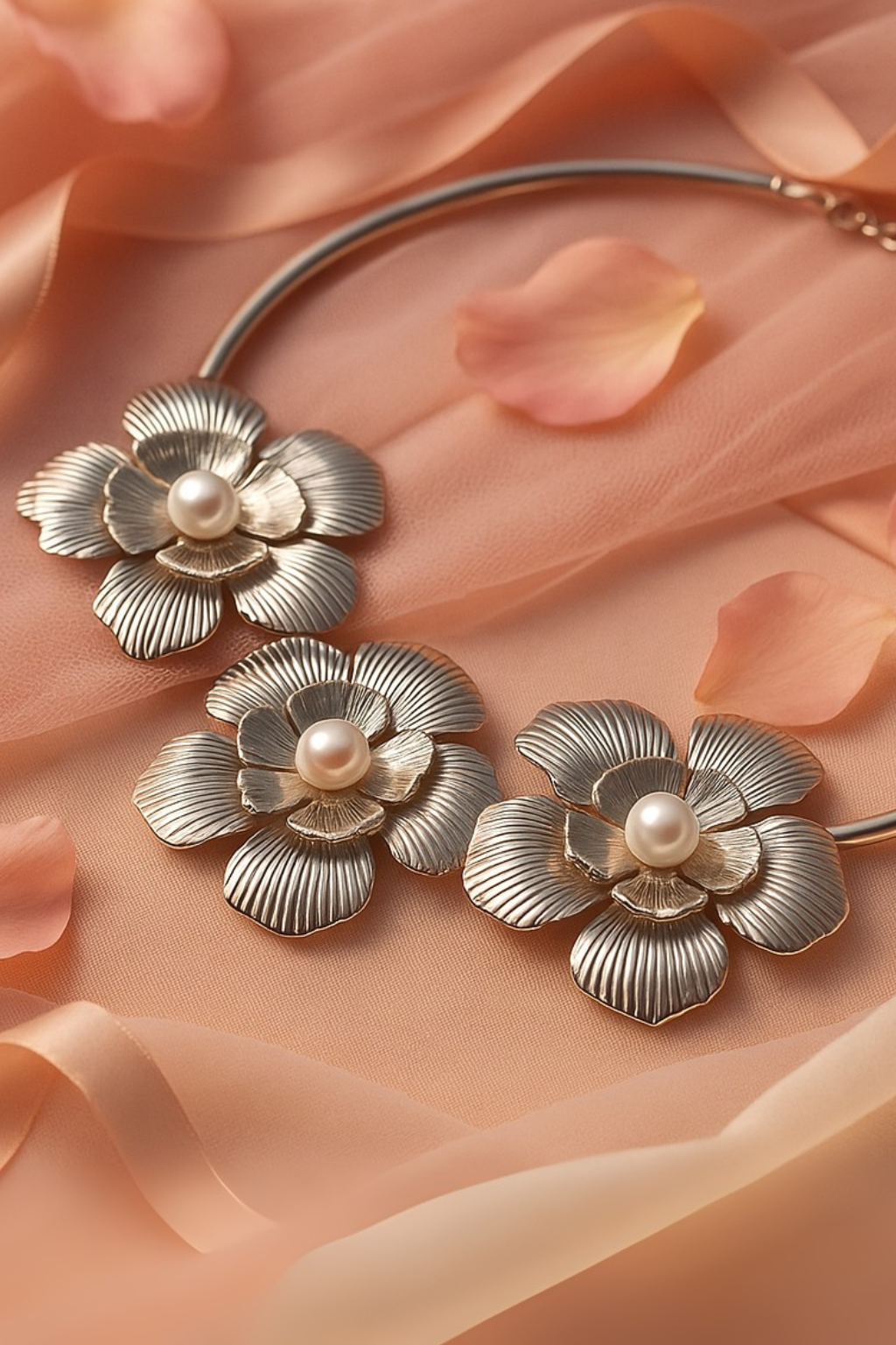 Silver Floral Pearl Statement Necklace for Women