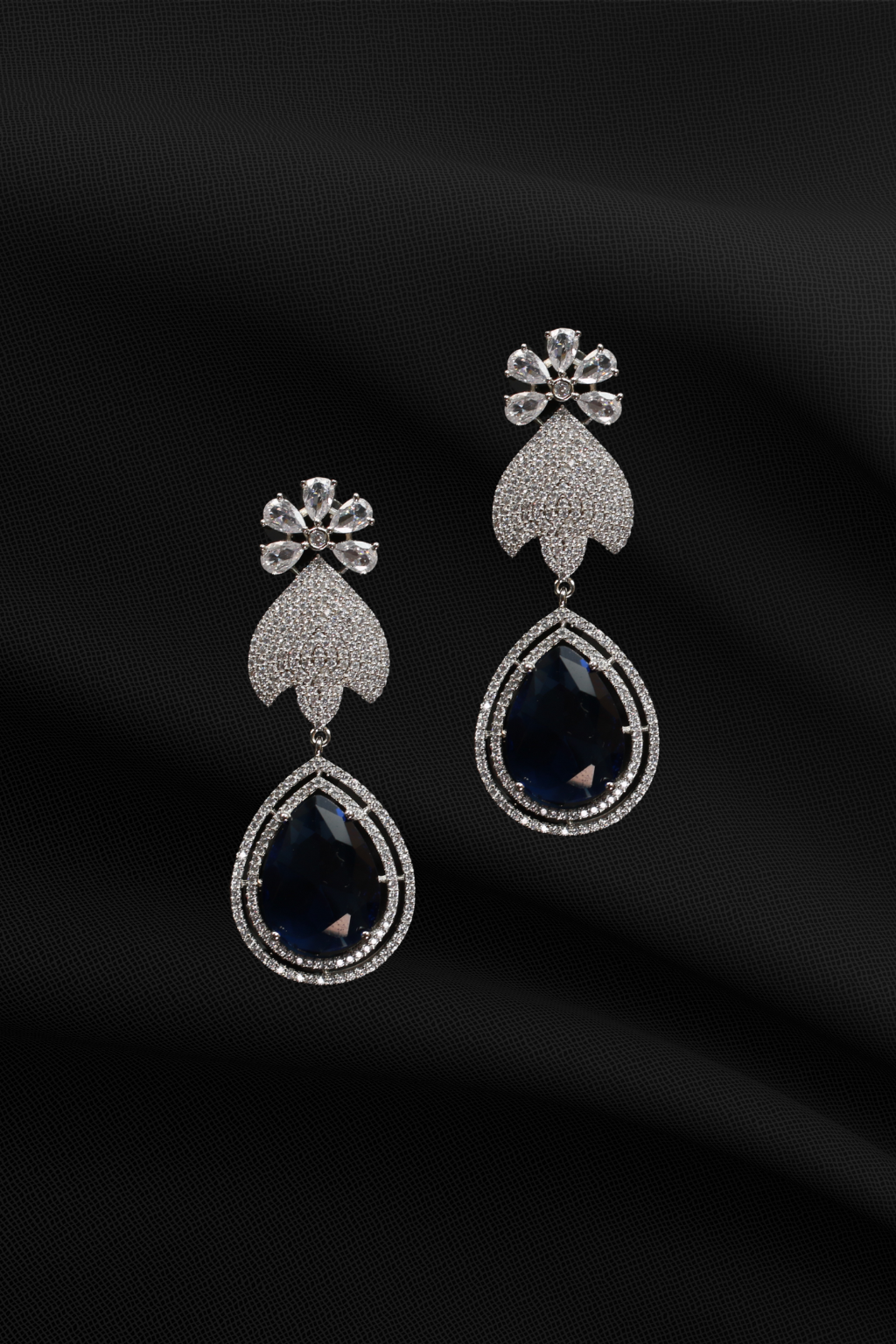 Floral Stud Earrings with Large Blue Drop