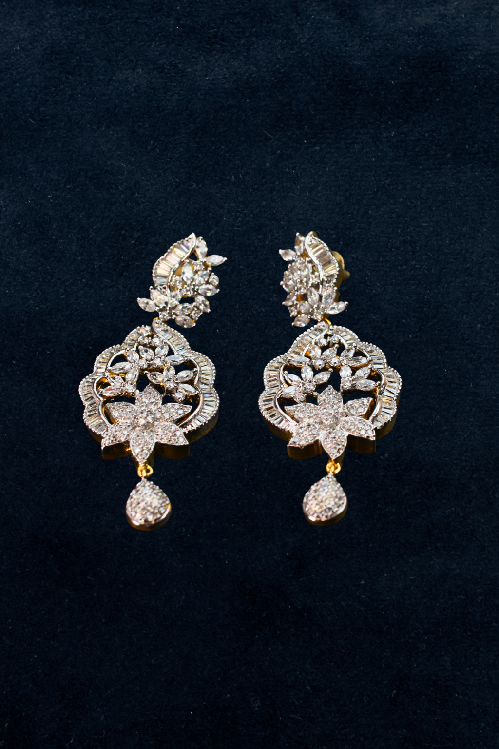 Classic Tear-Drop Leaf Motif AD Earrings with CZ Detailing