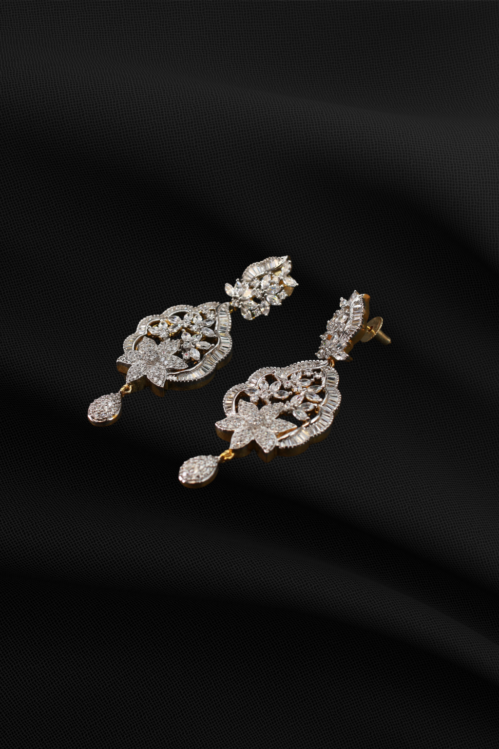 Classic Tear-Drop Leaf Motif AD Earrings with CZ Detailing