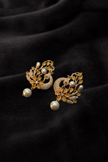 Floral Pearl Drop Gold Finish Premium AD Earrings