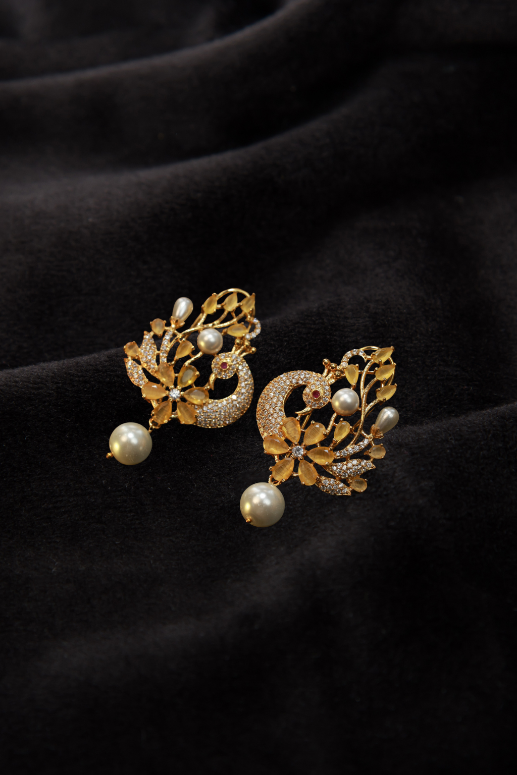 Floral Pearl Drop Gold Finish Premium AD Earrings