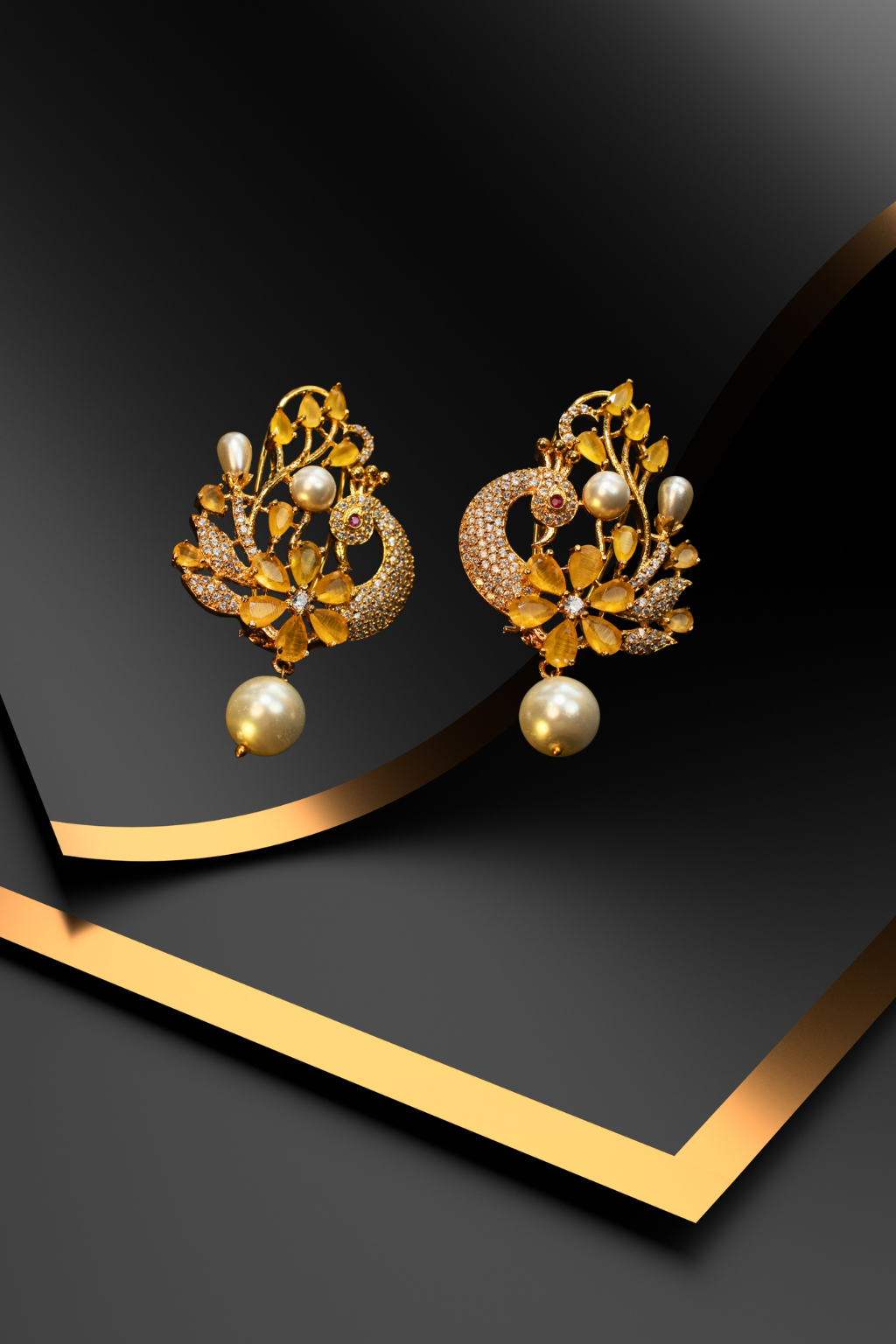 Floral Pearl Drop Gold Finish Premium AD Earrings
