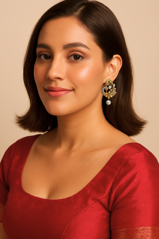 Floral Pearl Drop Gold Finish Premium AD Earrings