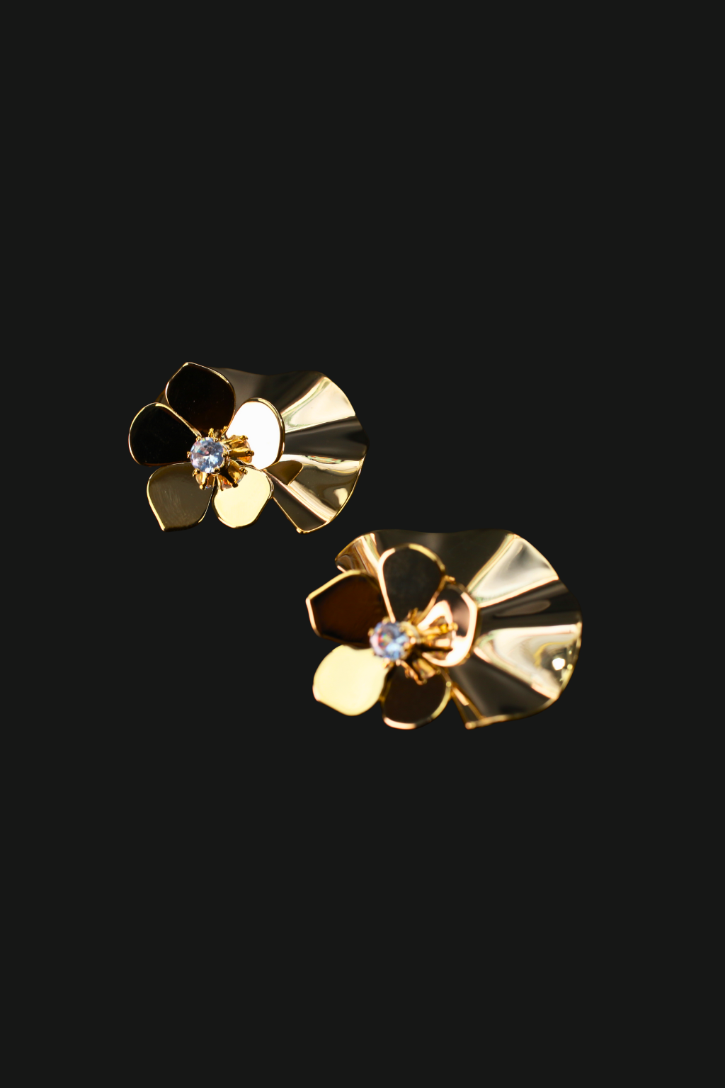 Gold Fan Petal Stud Earrings with Crystal Center – Designer Anti-Tarnish Finish