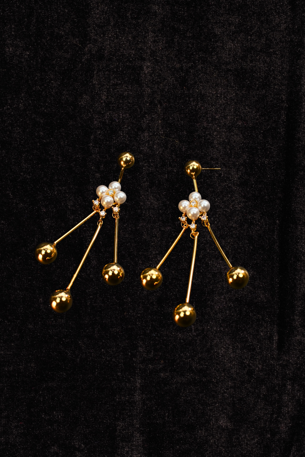 Pearl & Gold Stick Drop Earrings with Floral Cluster – Elegant Anti-Tarnish Jewelry