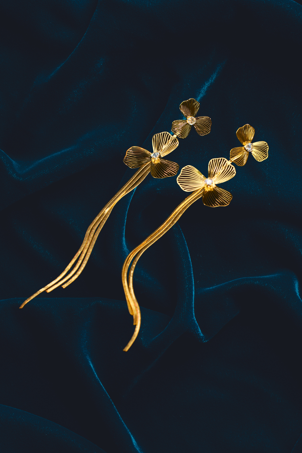 Floral Gold Wire Drop Earrings with Crystal Center – Lightweight Anti-Tarnish Design