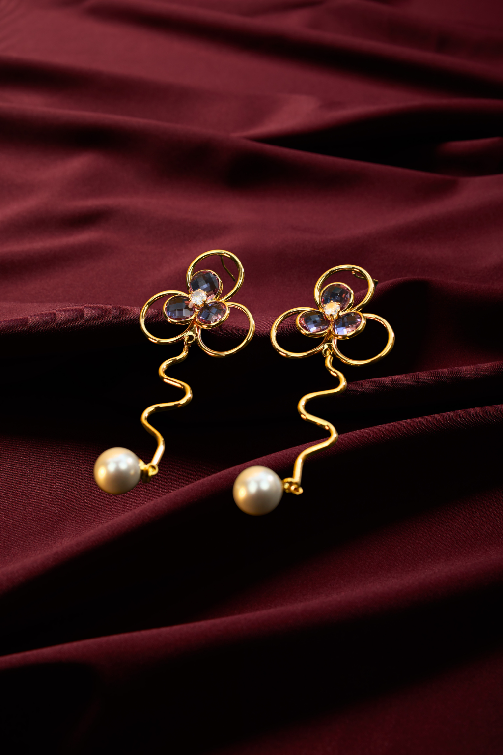 Floral Curve Earrings with Lavender Crystal & Pearl Drop