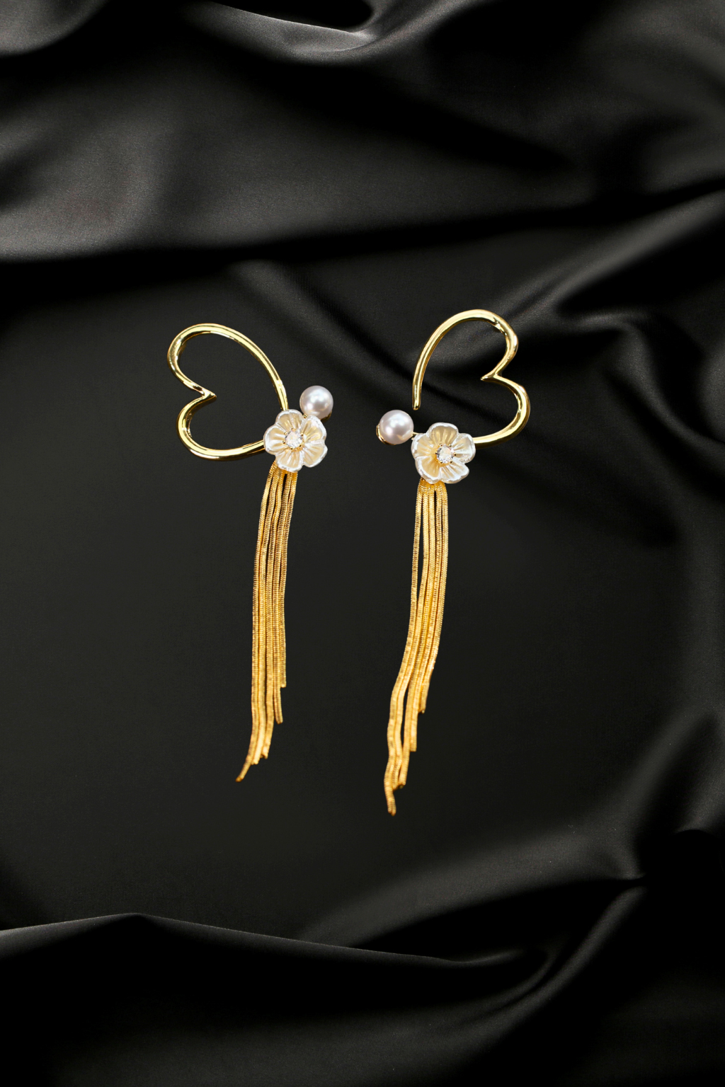 Heart Tassel Earrings with Floral Pearl Accents – Gold Anti-Tarnish