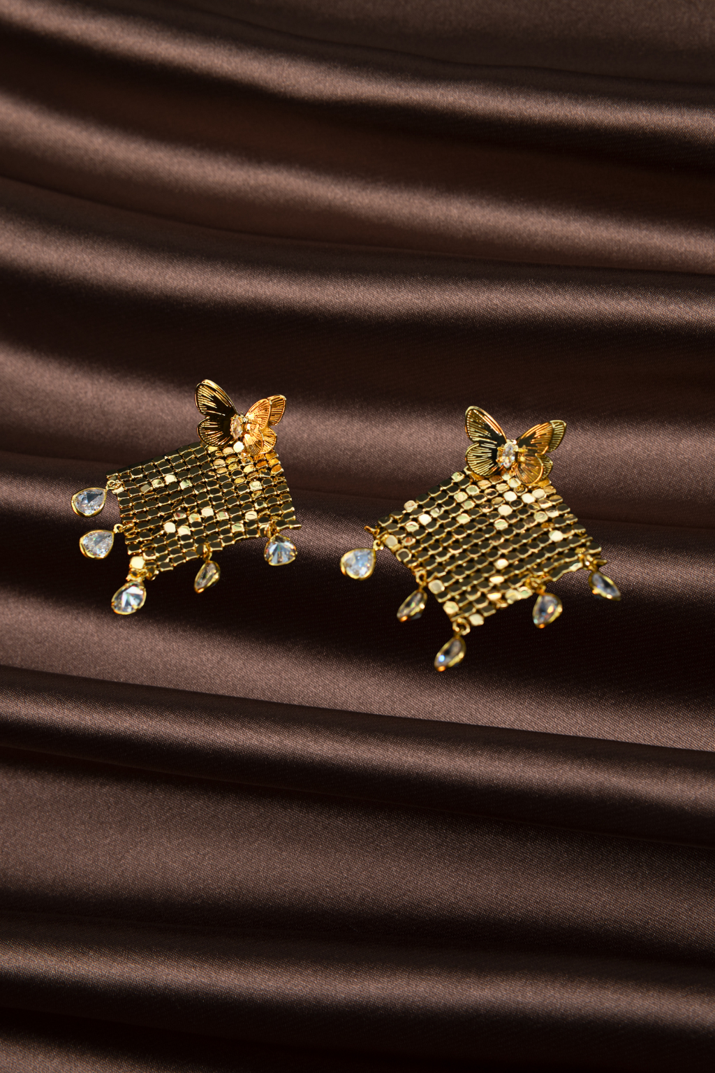 Butterfly Sequin Mesh Drop Earrings – Crystal Teardrop Details