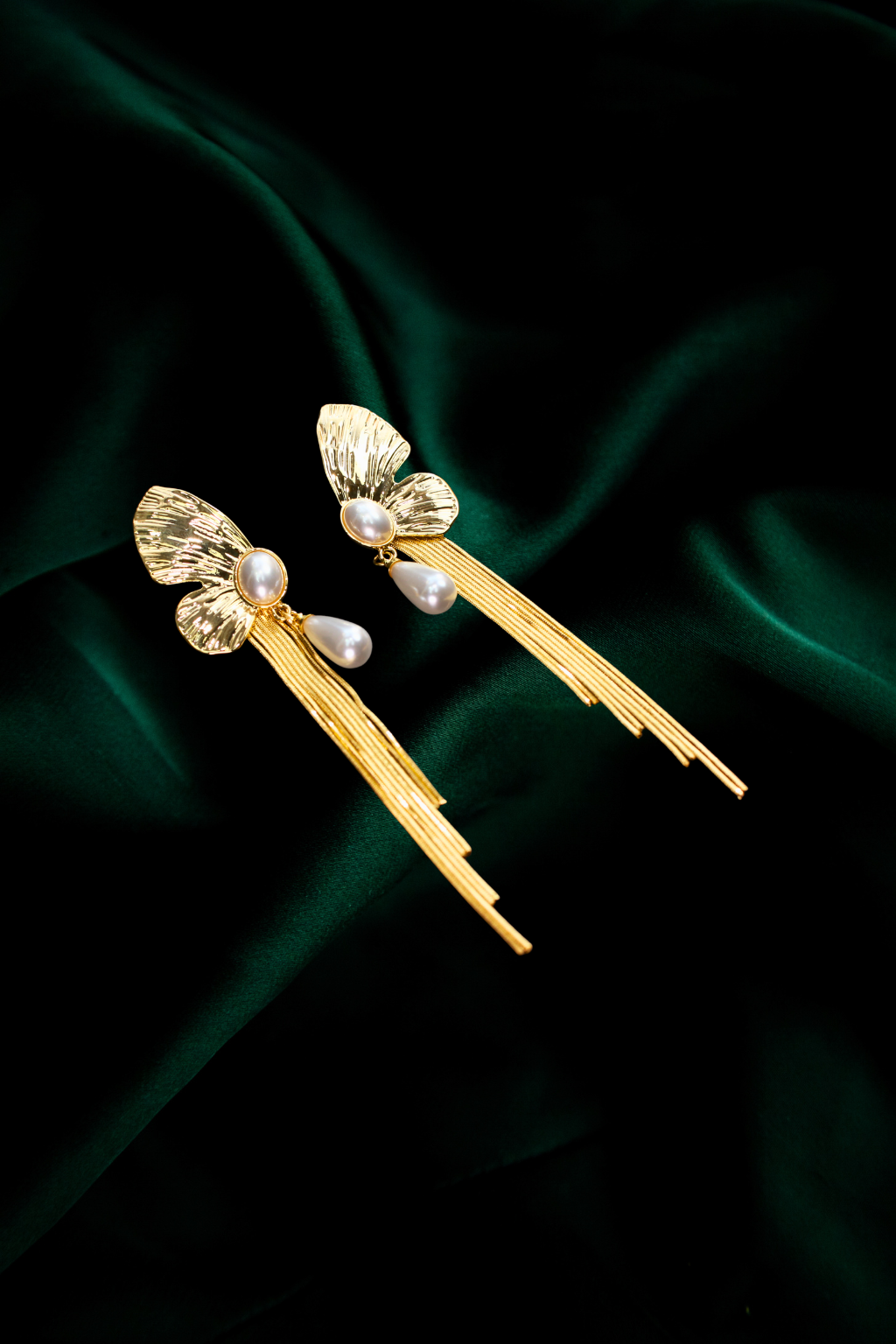 Floral Fan Pearl Dangle Earrings – Anti-Tarnish Gold