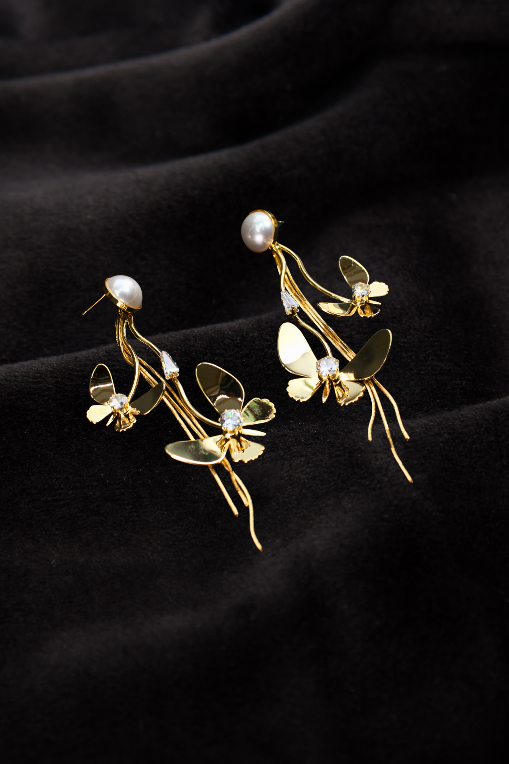 Butterfly Drop Earrings with Pearls – Anti-Tarnish Gold Finish