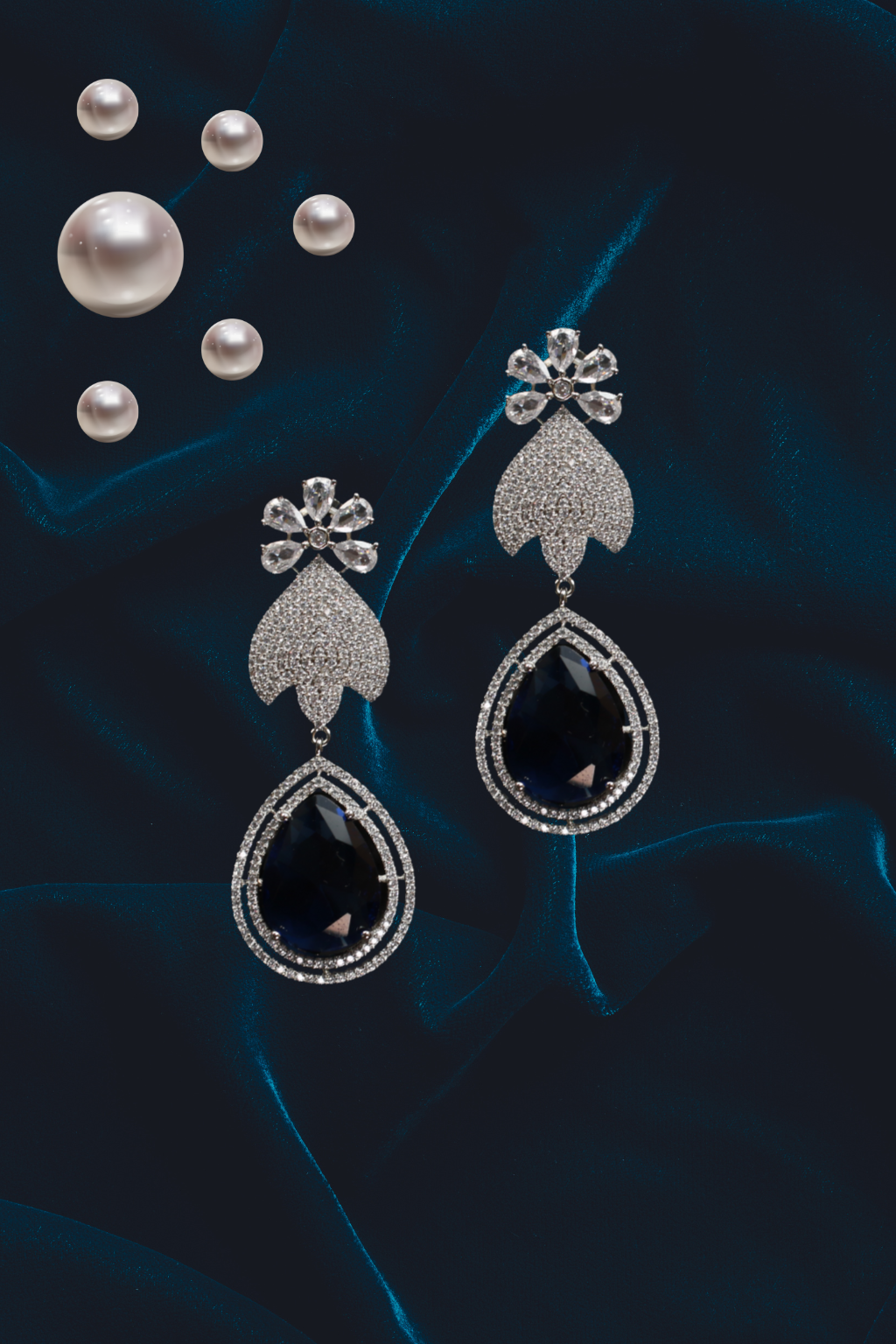 Floral Stud Earrings with Large Blue Drop