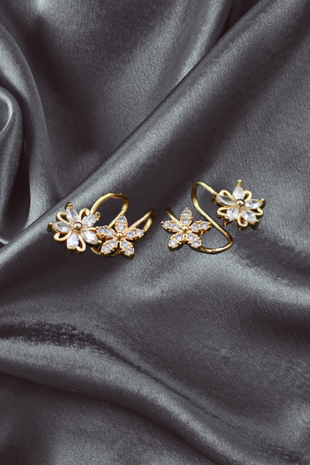Gold Floral Clip-On Earrings with Dual Flower Design – Elegant Non-Pierced Ear Accessory