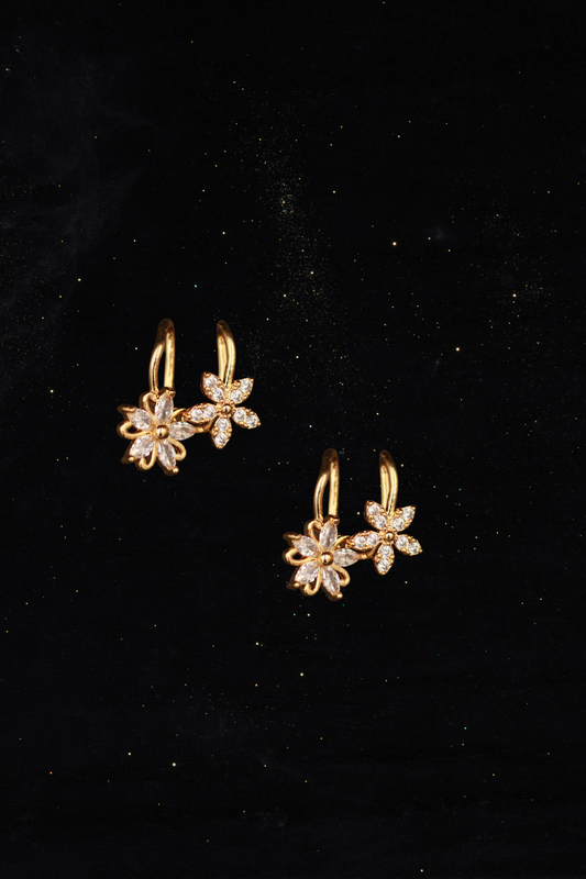 Gold Floral Clip-On Earrings with Dual Flower Design – Elegant Non-Pierced Ear Accessory