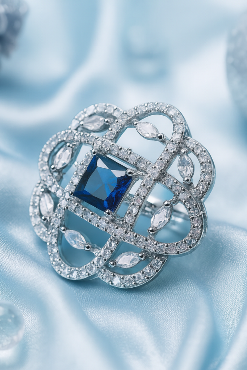Blue CZ Grid Statement Ring