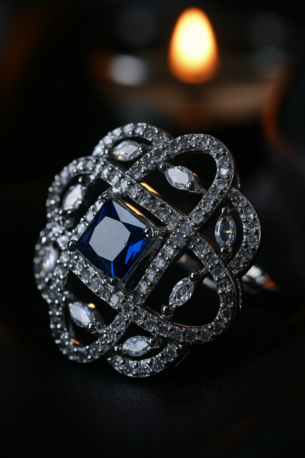 Blue CZ Grid Statement Ring