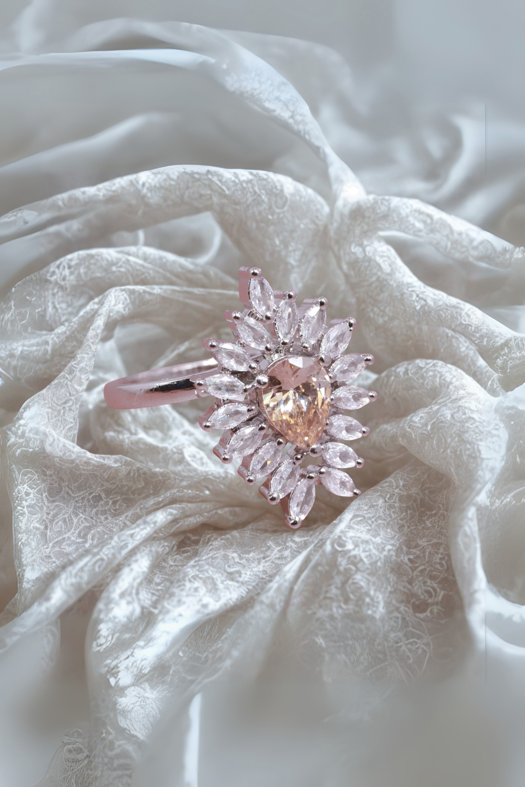 Peach Drop Halo Ring with White Marquise Crystals