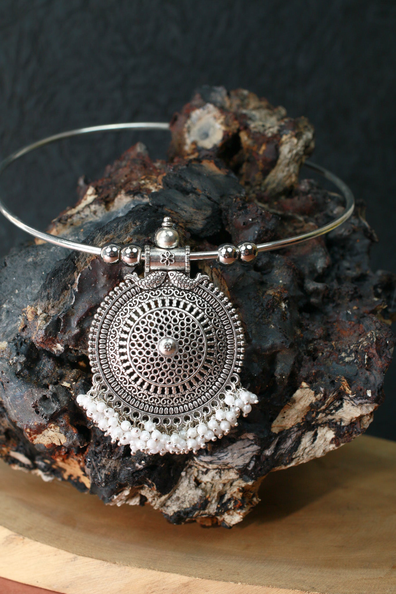 Oxidised German Silver Hansli Necklace with Circular Filigree Pendant