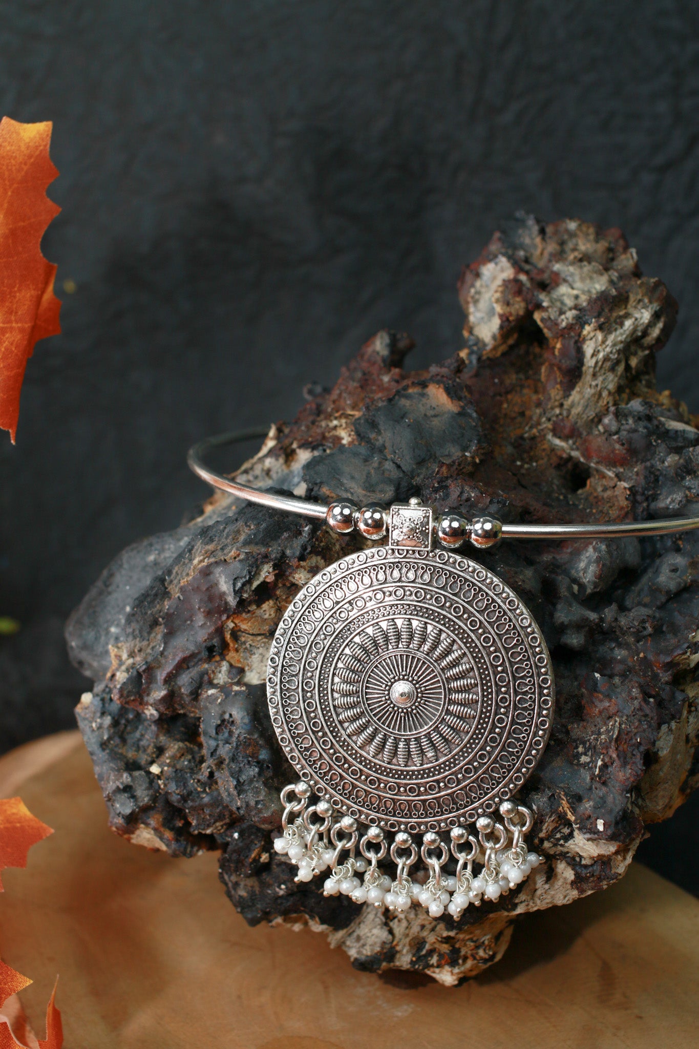 Oxidised German Silver Hansli Necklace with Round Mandala Pendant