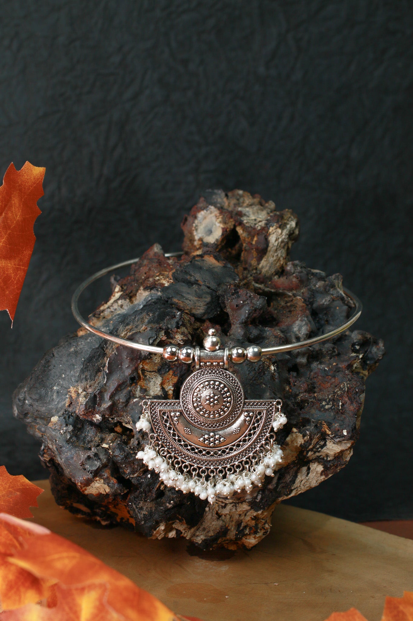 Oxidised German Silver Hansli Necklace with Semi-Circle Pendant