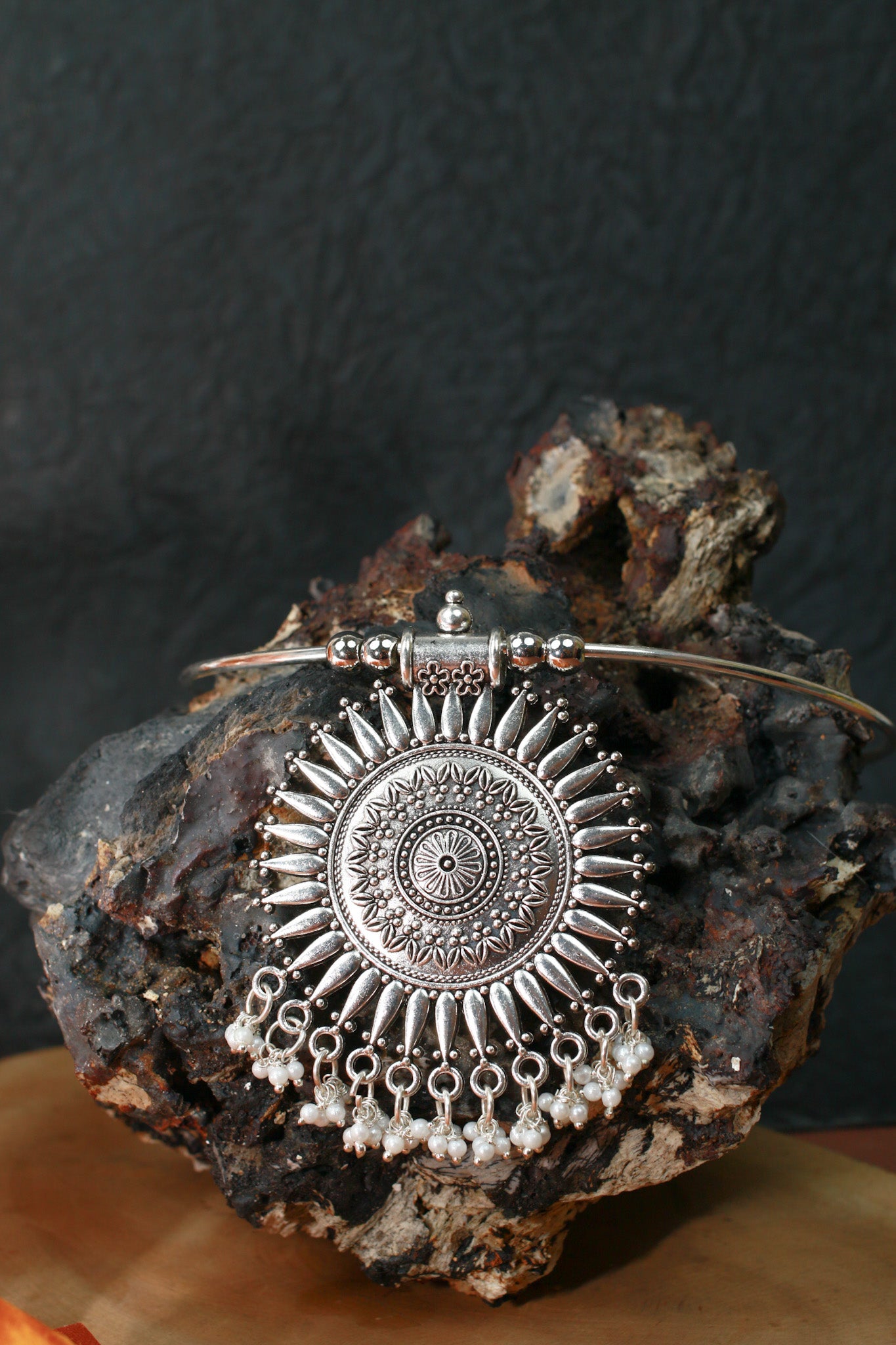 Oxidised German Silver Hansli Necklace with Sunburst Pendant