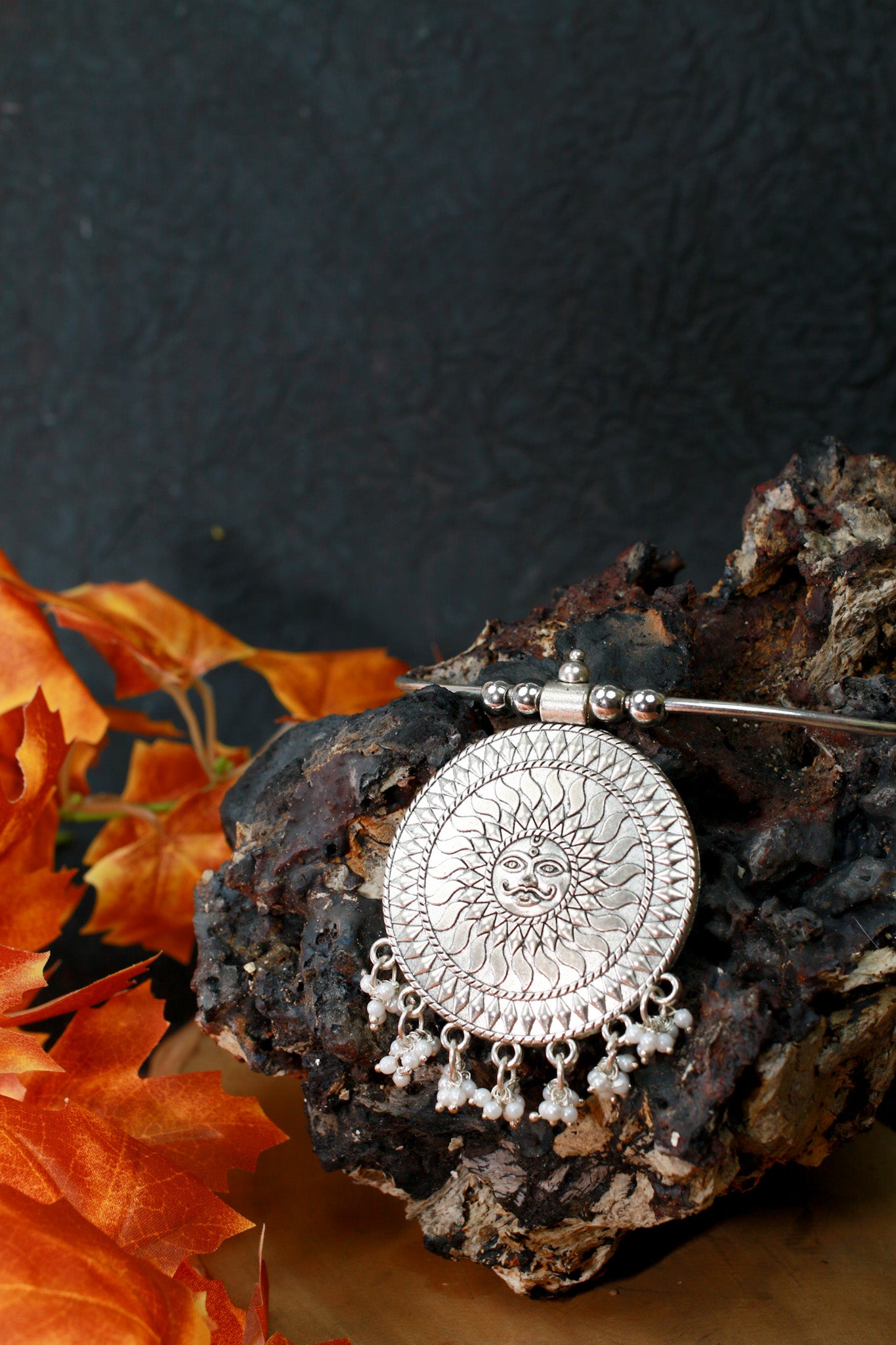 Oxidised German Silver Hansli Necklace with Sun Disc Pendant