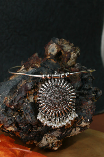 Oxidised German Silver Hansli Necklace with Sunburst Pendant & Pearl Fringe