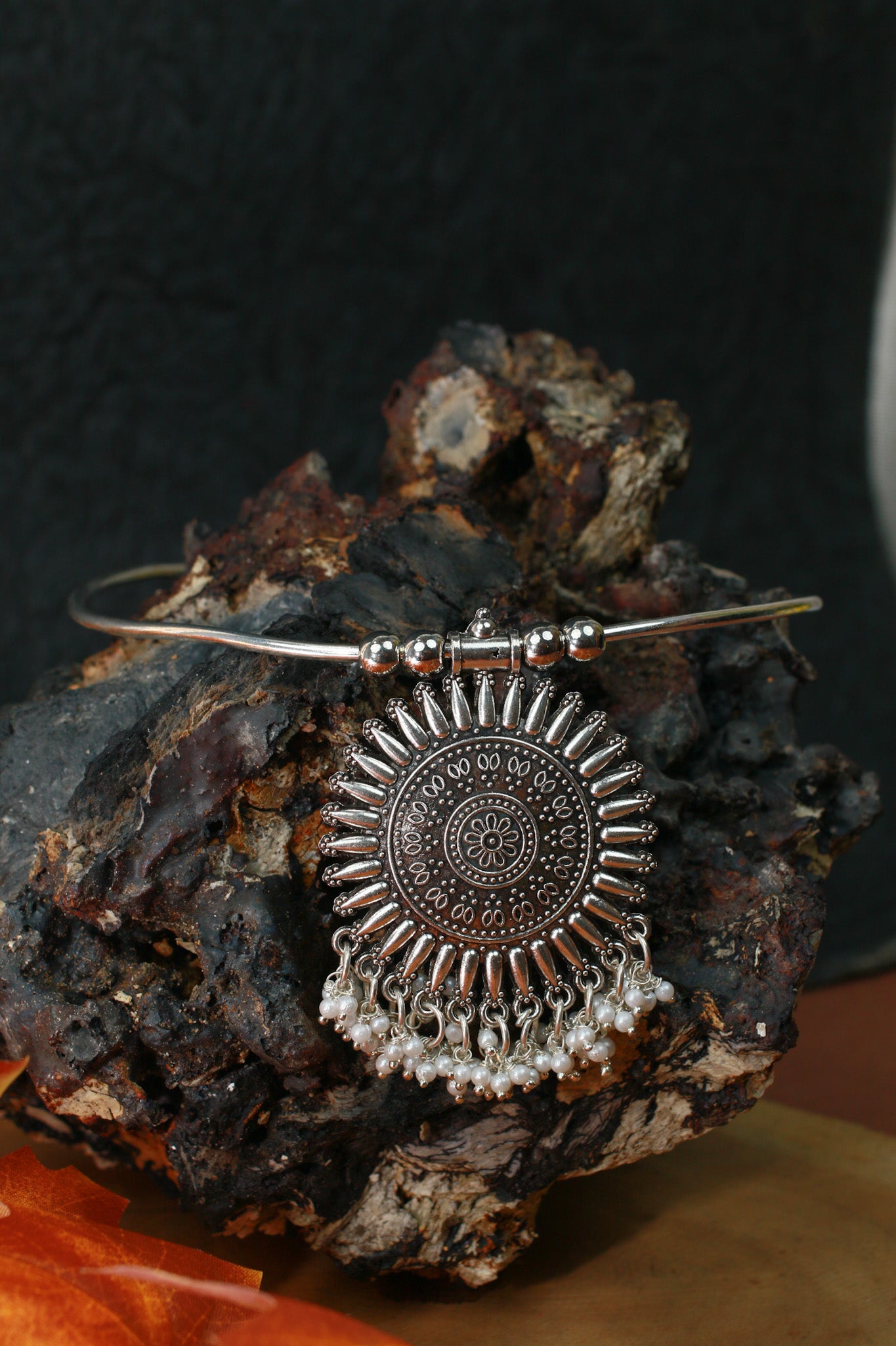 Oxidised German Silver Hansli Necklace with Sunburst Pendant & Pearl Fringe