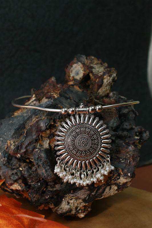 Oxidised German Silver Hansli Necklace with Sunburst Pendant & Pearl Fringe