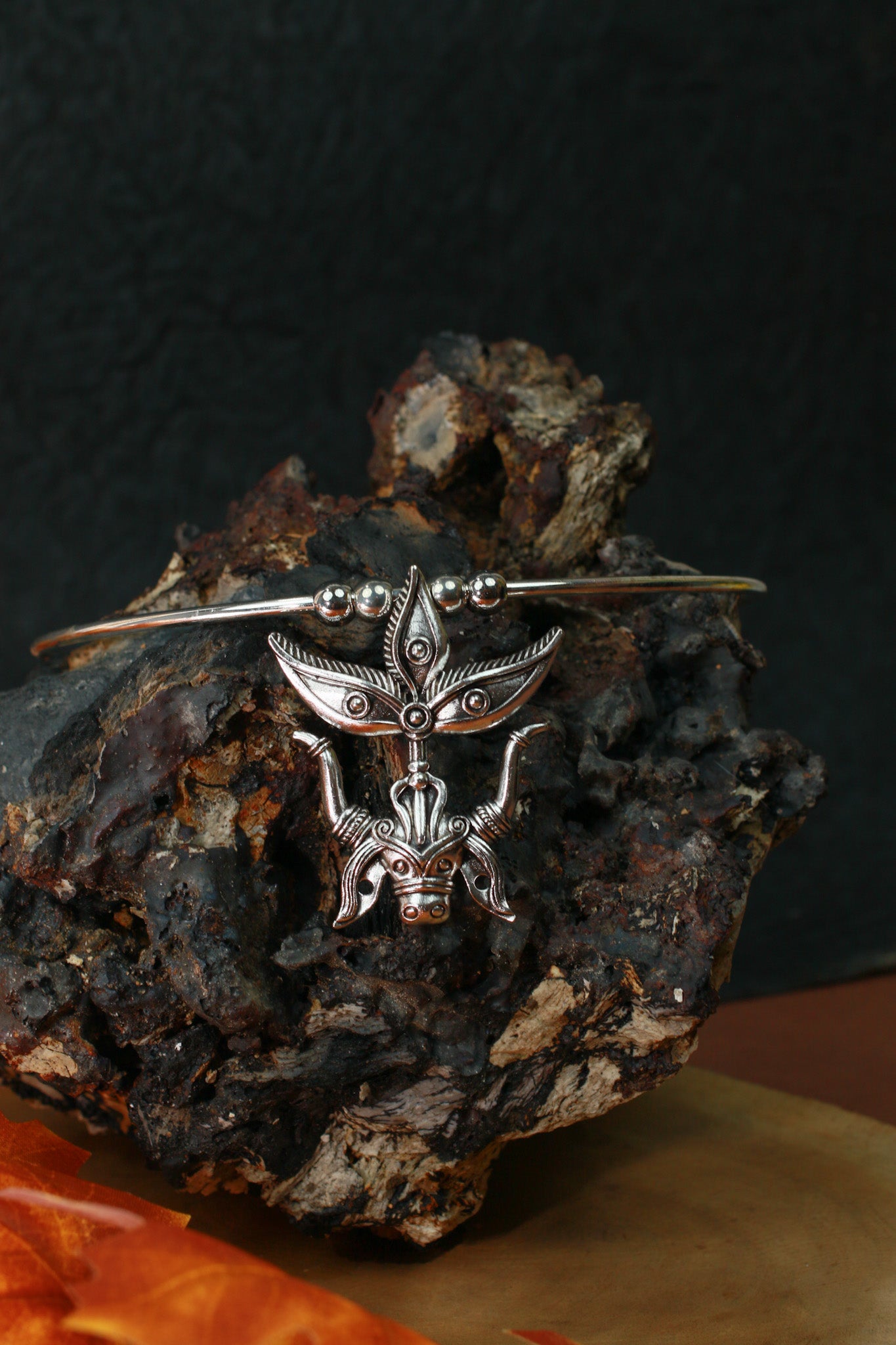 Oxidised German Silver Hansli Necklace with Tribal Leaf Totem Pendant