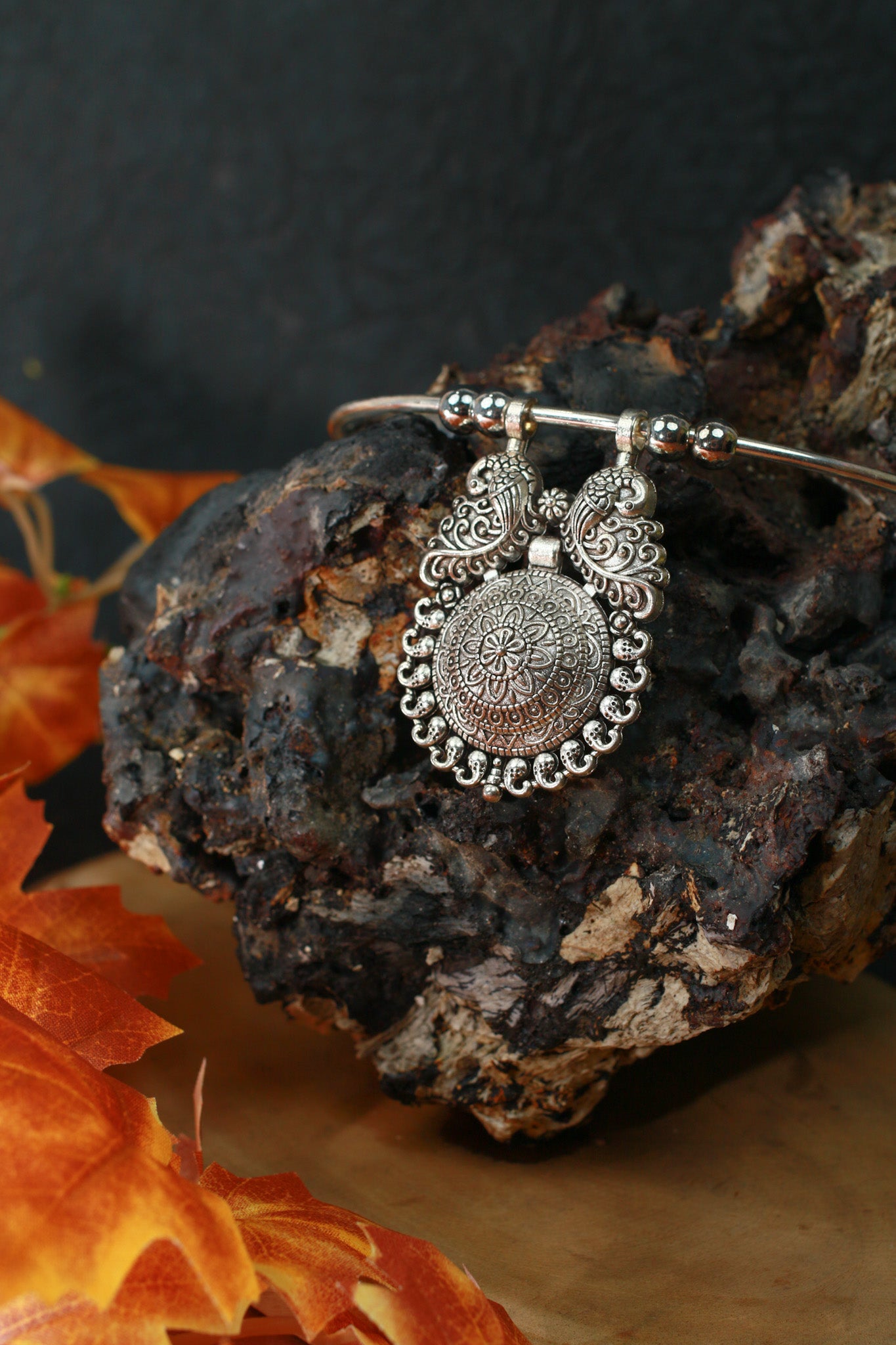 Oxidised German Silver Hansli Necklace with Antique Floral Medallion Pendant