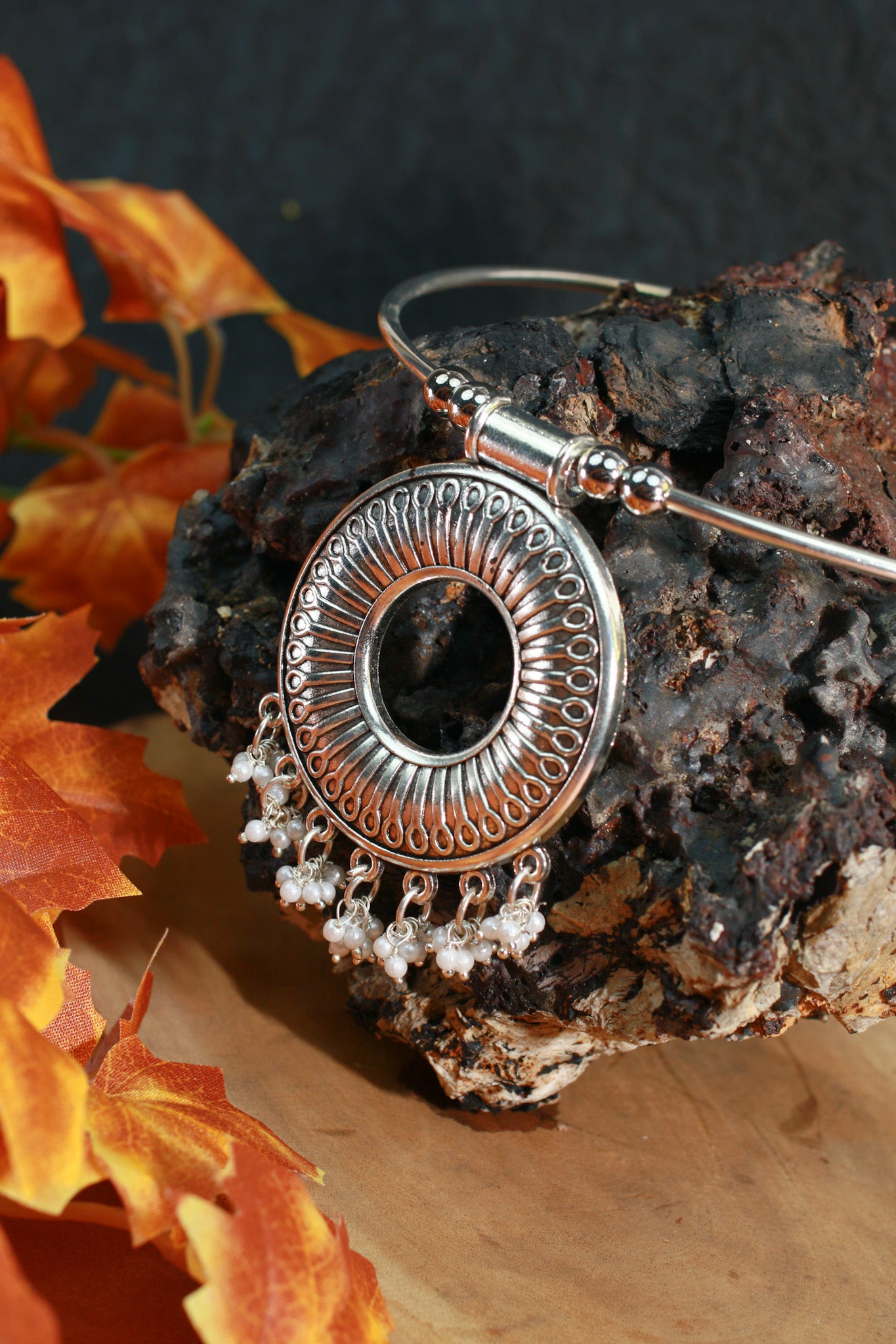 Oxidised German Silver Hansli Necklace with Hollow Circle Pendant