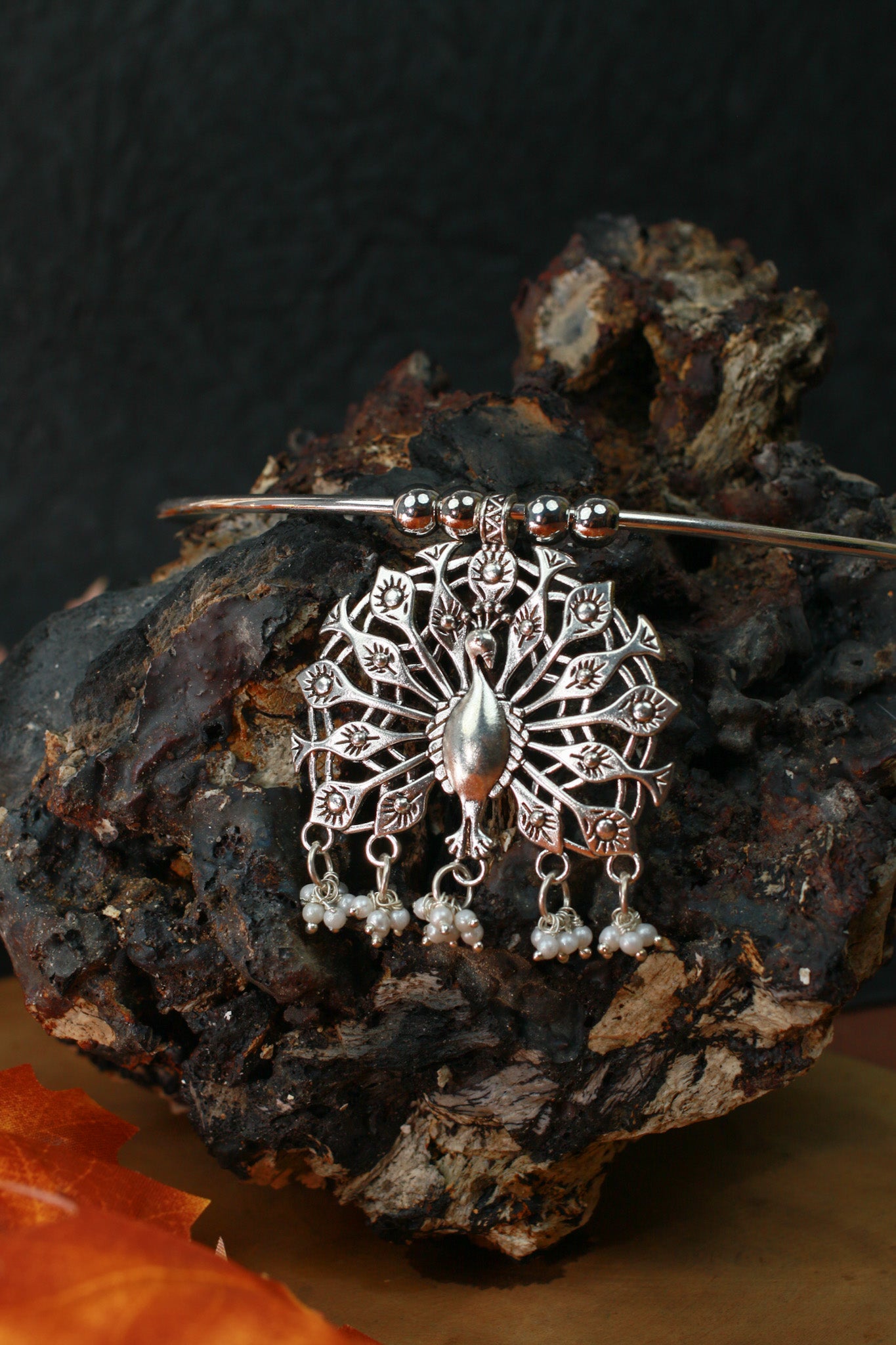 Oxidised German Silver Hansli Necklace with Peacock Design Pendant