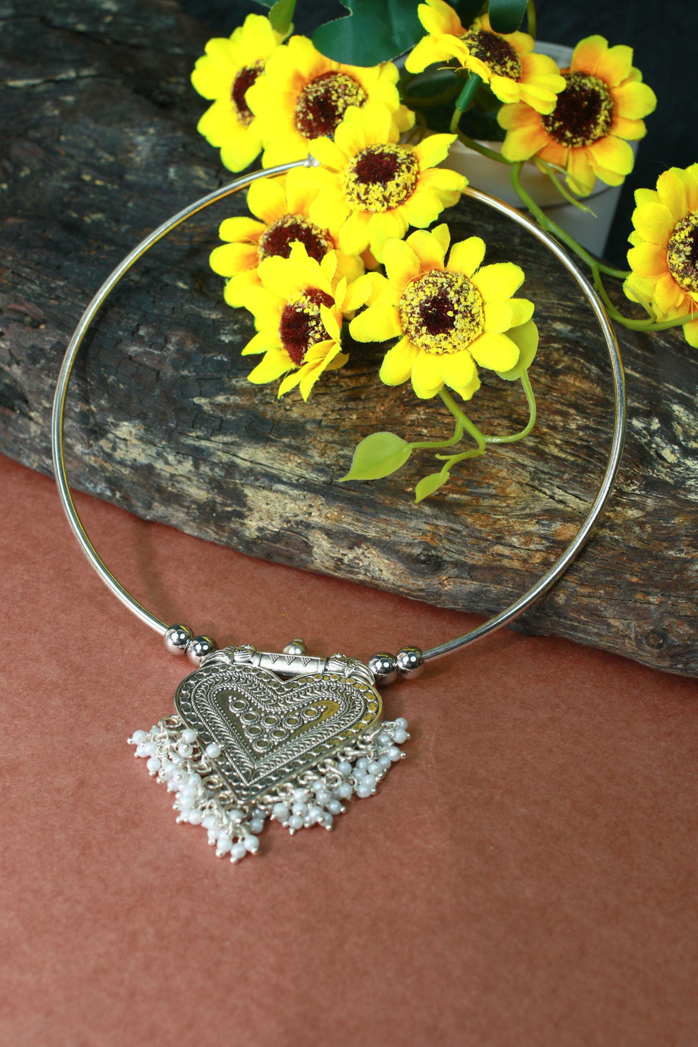 Oxidised German Silver Hansli Necklace with Heart Shaped Pendant