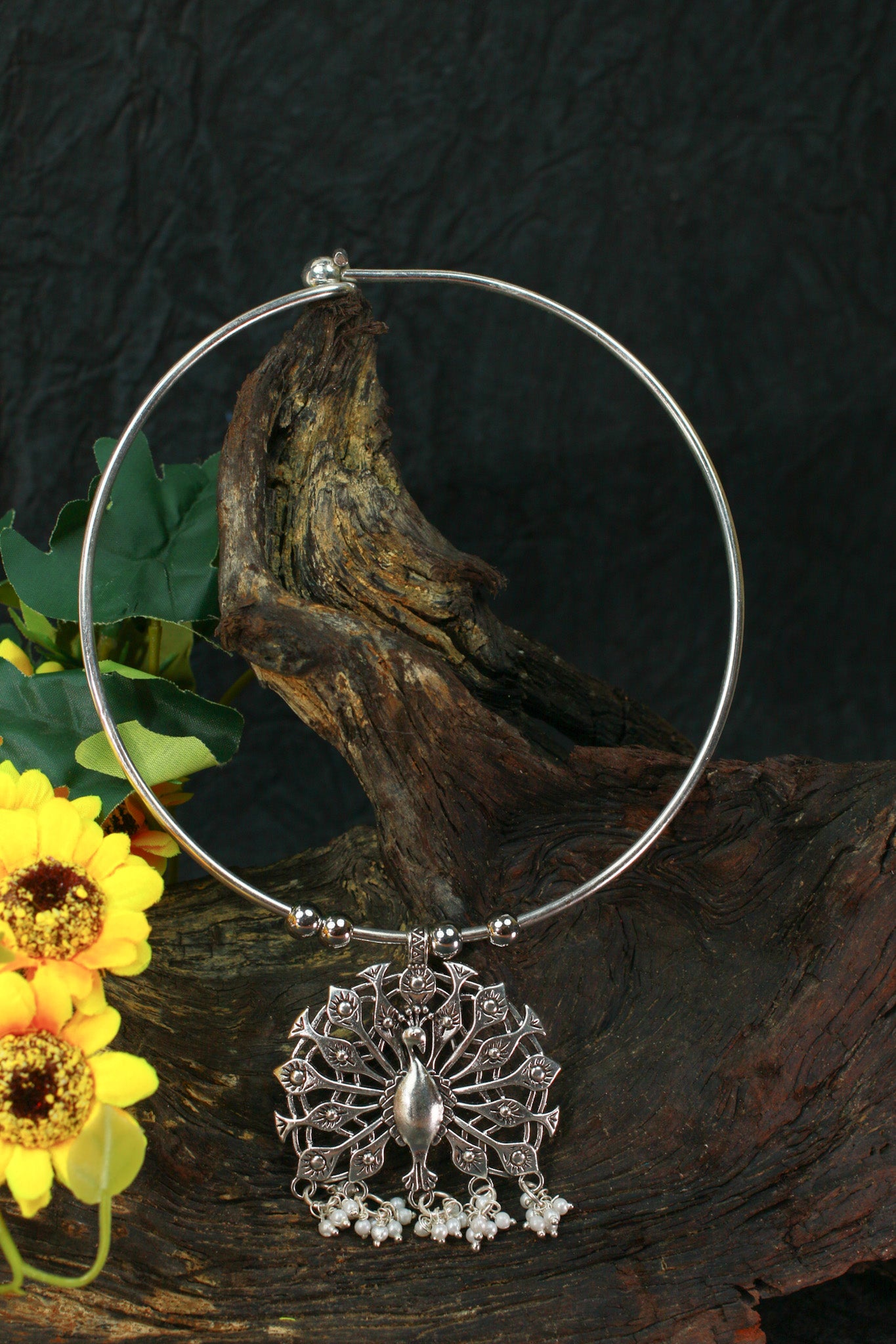 Oxidised German Silver Hansli Necklace with Peacock Design Pendant