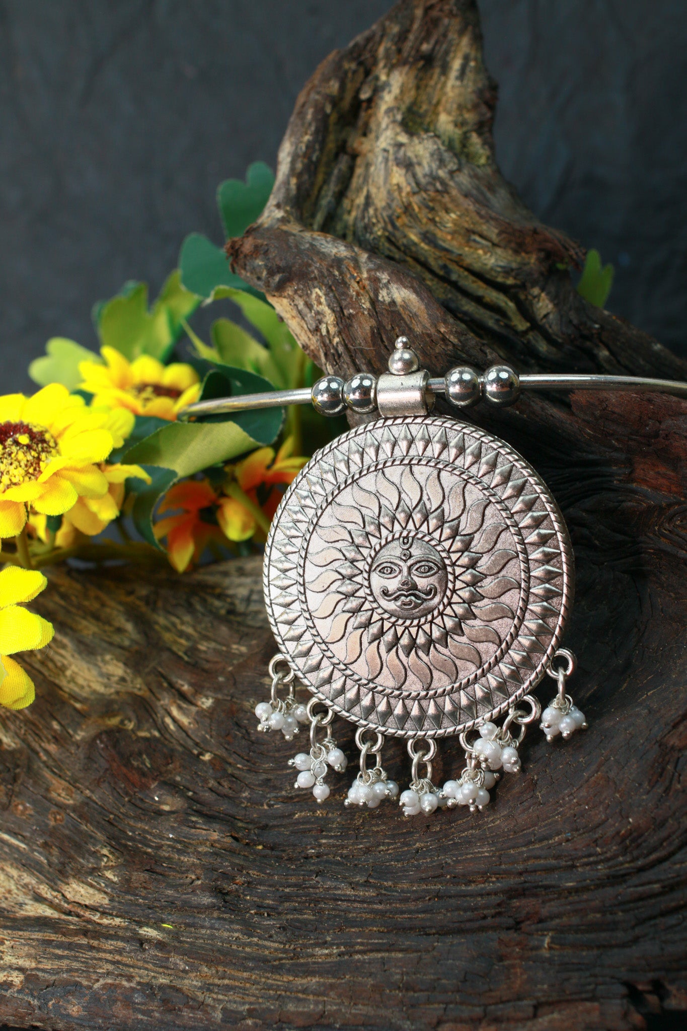 Oxidised German Silver Hansli Necklace with Sun Disc Pendant