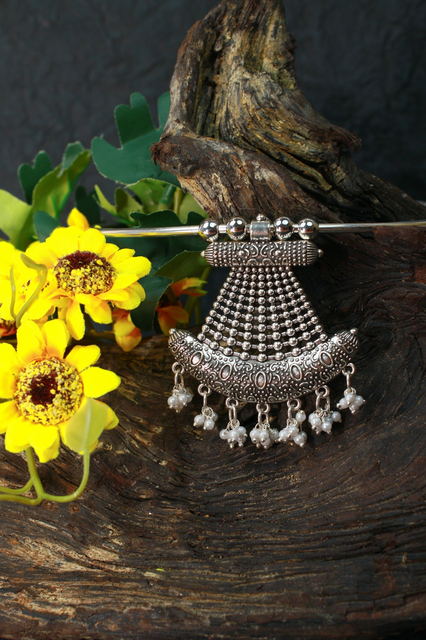 Oxidised German Silver Hansli Necklace with Flared Pendant