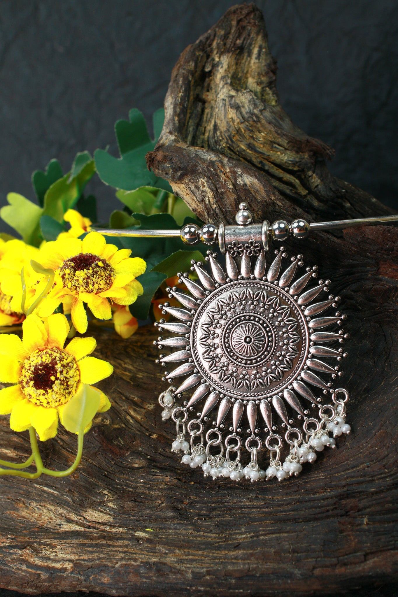 Oxidised German Silver Hansli Necklace with Sunburst Pendant