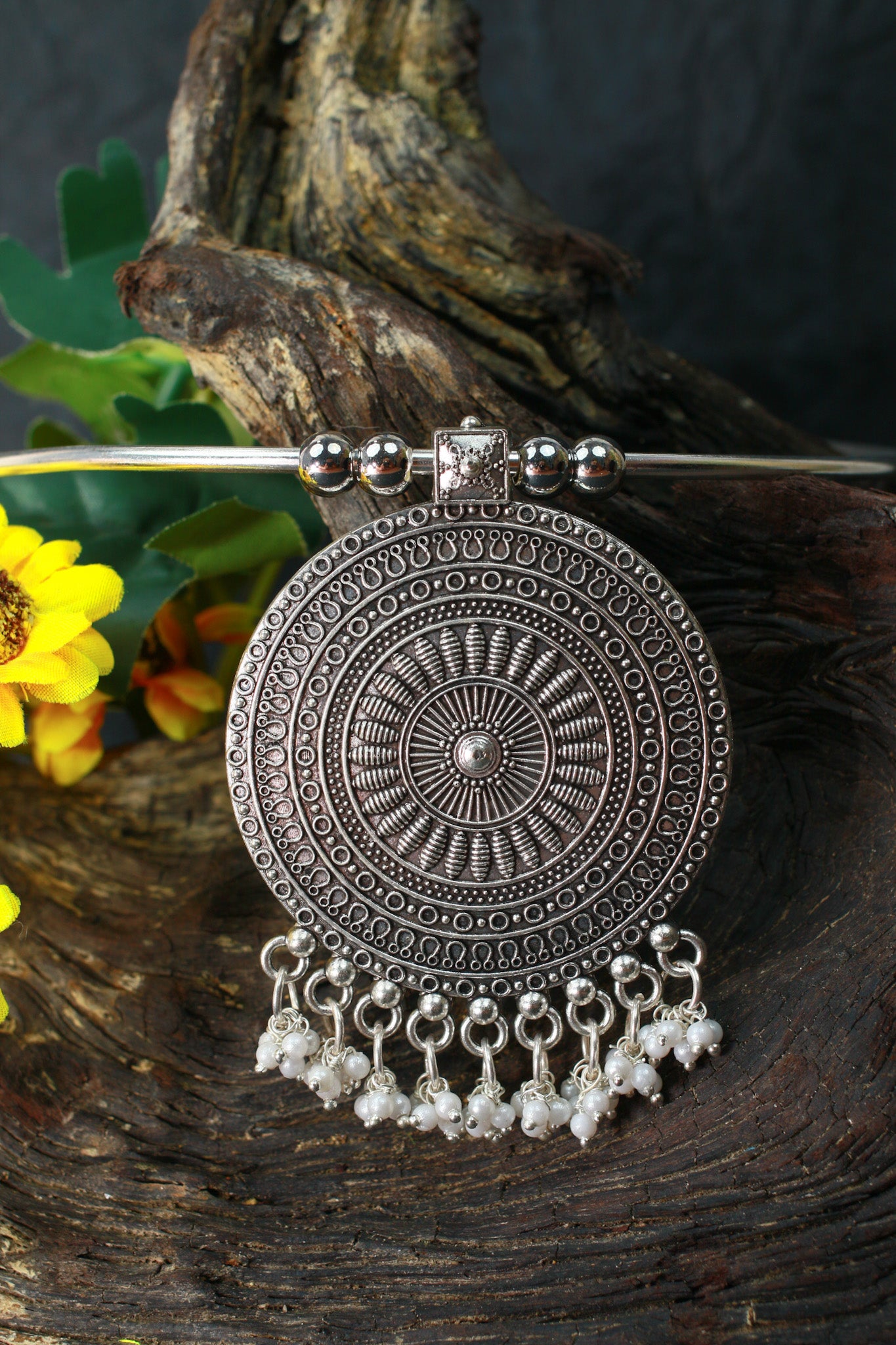 Oxidised German Silver Hansli Necklace with Round Mandala Pendant