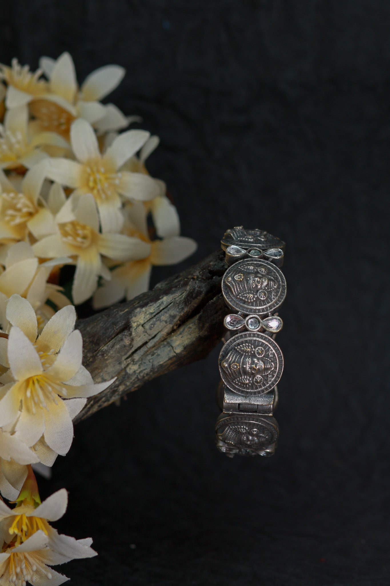 Oxidised Antique Design Brass Base Free Size Openable Coin Goddess Kada Bracelet for Women